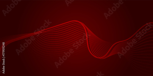 Abstract red background with glowing wave. Futuristic technology concept. Shiny moving lines design element. Modern red gradient flowing wave lines.