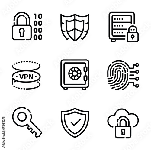 Security icons lock shield safe key fingerprint cloud