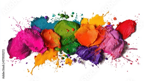 Vibrant paint splatters and globs in various colors against a white background