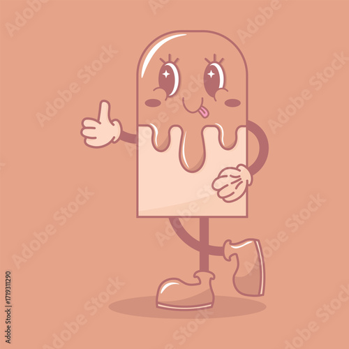 Groovy style cartoon illustration of a cute anthropomorphic ice cream bar character with melting cream, expressive shiny eyes, and playful face. Monochrome beige and pastel brown color palette with re