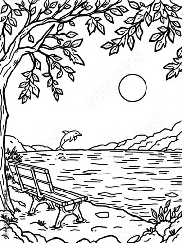 Minimilist line art of a park bench near a lake with a dolphin jumping under a tree and the moon in the sky vector