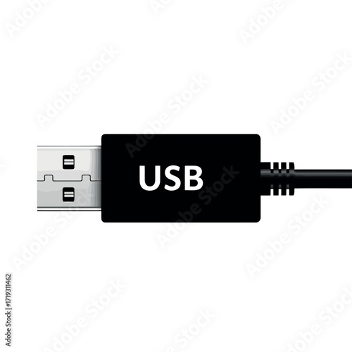 Vector illustration of closeup of a black usb connector and cable with the word usb on a, isolated on white