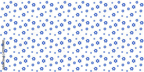 Star of David seamless pattern. Different blue Stars of David scattered on a clean background. Perfect for Jewish holidays, Hanukkah designs, and religious-themed projects. Vector illustration