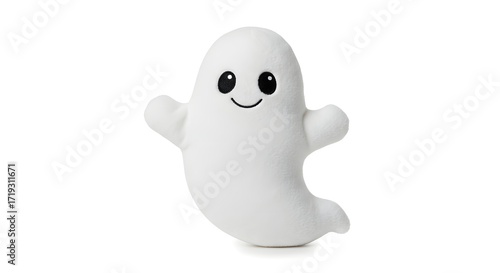 Cute smiling white ghost character isolated on a clean white background, perfect for Halloween and spooky season designs.