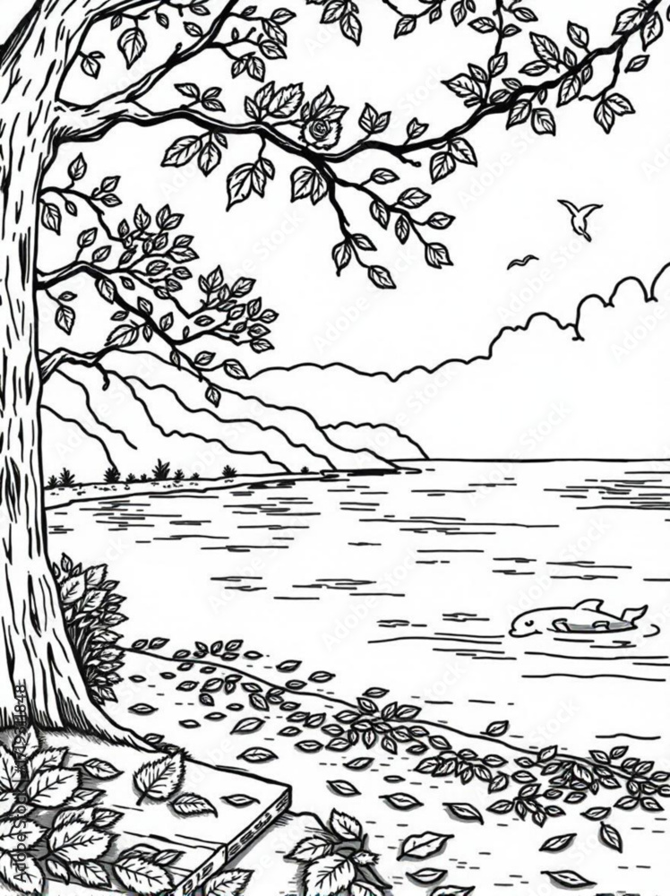 Fototapeta premium Minimilist a scenic view of a tree with leaves overlooking a lake with mountains and a dolphin in the distance near birds vector