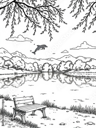 Minimilist a serene lake scene with a bench, dolphin, mountains, trees, and clouds under hanging branches above all vector