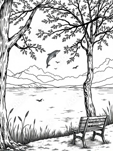 Minimilist a whimsical black and white illustration of a dolphin jumping over a lake with mountains and trees near bench vector