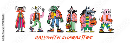 Hand drawn style halloween doodles featuring halloween monster characters