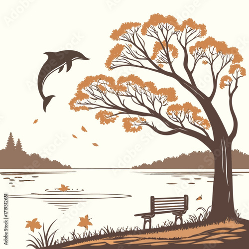 Minimilist illustration of a dolphin jumping near a tree with a bench by the lake in an autumn scene design vector