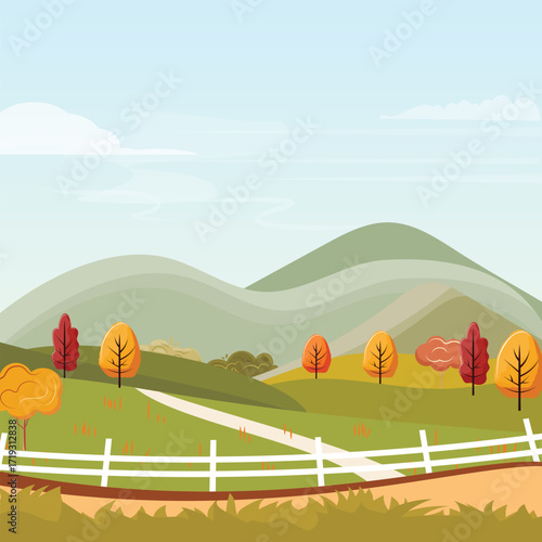 Scenic rural meadow in autumn colors, soft mountains and sky. Minimal pastoral panorama for banner, poster, or seasonal greeting.