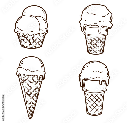 Hand drawn ice cream cones collection in different shapes and scoop designs for various applications.