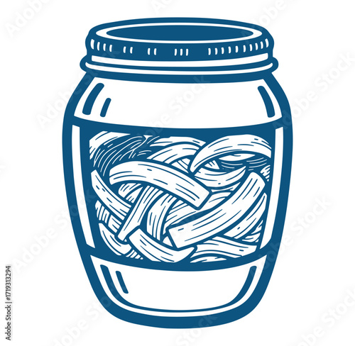 Hand drawn illustration of a jar filled with delicious pickles in a simple blue design