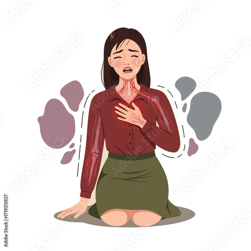 Woman experiencing chest pain, heart attack, or anxiety with visible arteries, perfect for health awareness, medical education, or emotional stress visuals