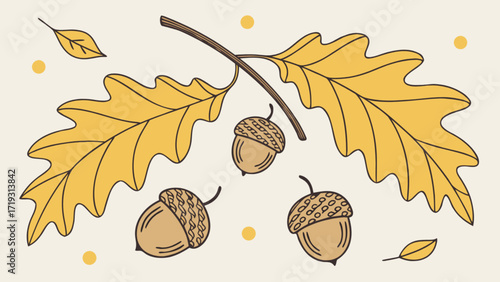 Autumn themed acorns and leaves vector illustration for fall season designs and thanksgiving projects