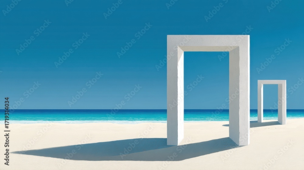 Fototapeta premium White Minimalist Archways on Serene Beach with Vibrant Blue Sky and Tranquil Waves in the Background