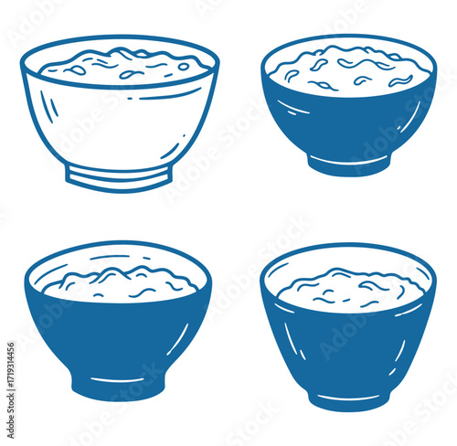 Hand drawn illustration of four bowls filled with delicious food presented in monochrome style