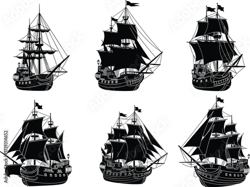 Vintage sailing ship illustration set, black and white vector icons, pirate era vessels, historical maritime design, classic naval art, isolated