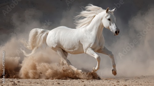 Majestic White Horse: A stunning white horse gallops powerfully across the desert, kicking up clouds of sand in a display of raw energy and freedom.
