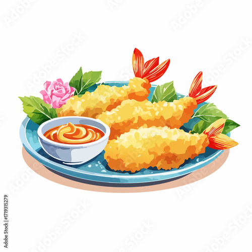 水彩画で描かれた天ぷら盛り合わせのイラスト