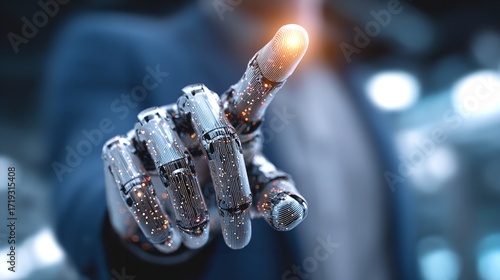 Advancing Innovation A gleaming robot hand points towards the future promising technological advancement and digital