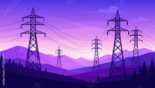 Electric towers ascend in a mountainous purple landscape, powerlines connecting them under a gradient sky, trees line the bottom