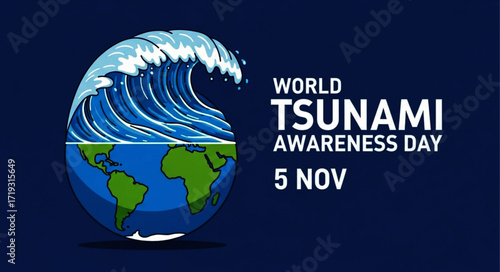 Pixelated Wave Crashing Over Earth Globe, Representing Tsunami Awareness Day