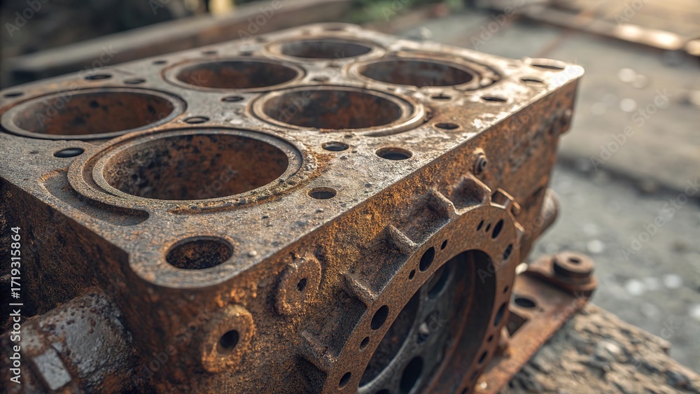 Fototapeta premium Macro view of a corroded engine part illustrating signs of age and neglect in a forgotten mechanical environment