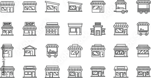 Storefront icons, retail shop vector, food cart illustration, commercial building set, urban business graphics, kiosk design, market stall clipart