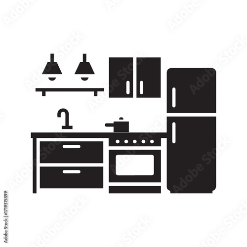 Kitchen interior glyph icon. Home furniture and appliances set. Cooking area with stove, refrigerator, and sink. Black silhouette vector illustration.
