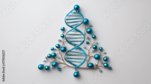 Stylish DNA Tree Design with Teal Ornaments and Twigs for Christmas Holiday Celebrations and Scientific Themes