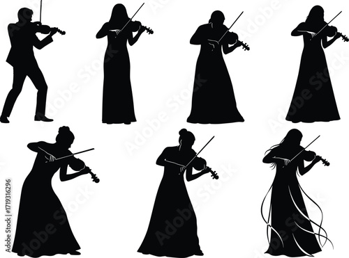 Violin player silhouette set, female musician illustration, black vector icons, classical music pose, elegant performance art, isolated design