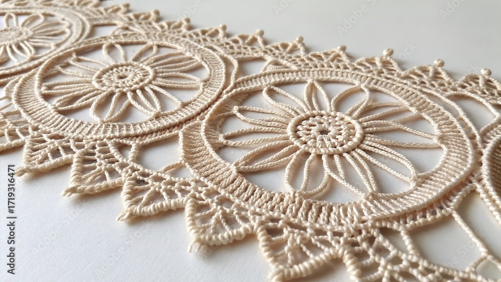 Obraz premium Close up of intricately crocheted lace showcasing floral patterns and delicate craftsmanship