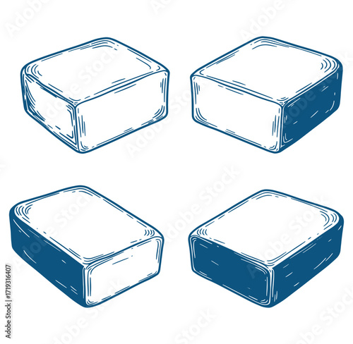 Hand drawn illustration of four soap bars in a square arrangement with blue outlines