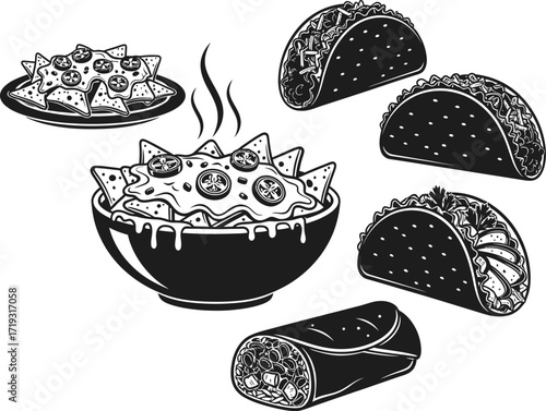 mexican set of food icons, mexican food icons nachos tacos and burritos silhouette vector shape black engraving laser cutting
