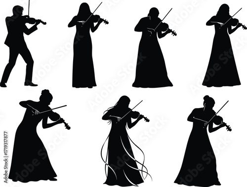 Violin player silhouettes, classical music, black vector, concert pose, musician clipart, elegant design, orchestra, performance art, dress, graphic