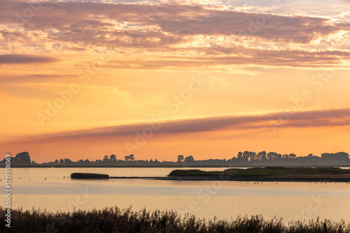 Idyllische Boddenlandschaft zum Sonnenuntergang in Zingst an der Ostsee.