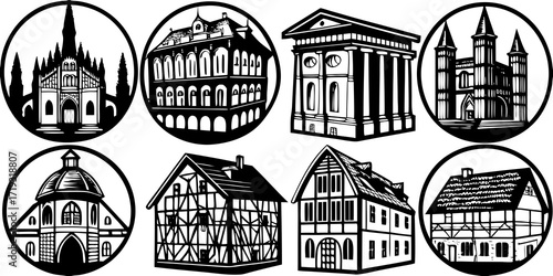 Diverse architectural styles captured in striking black and white building silhouettes, perfect for design.