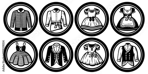 vector icon set of vintage clothing icons in circular frames, elegant designs for fashion and style presentations