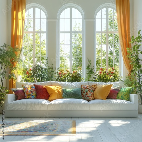 A sunny living room boasts a white sofa with colorful throw pillows,  framed by large arched windows overlooking a lush green garden.
