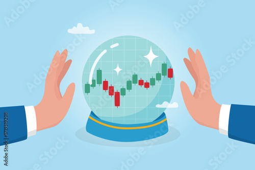 Market forecast, prediction or future outlook, financial stock market, crypto currency price going up and down, investment analysis vision, trader hand on magic crystal ball to see market forecast.