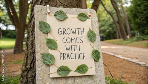 Growth Comes With Practice Sign Surrounded by Nature and Greenery