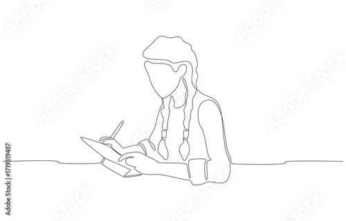 Continuous one line drawing of student using tablet for study, symbolizing online learning, learning through technology, single line art.