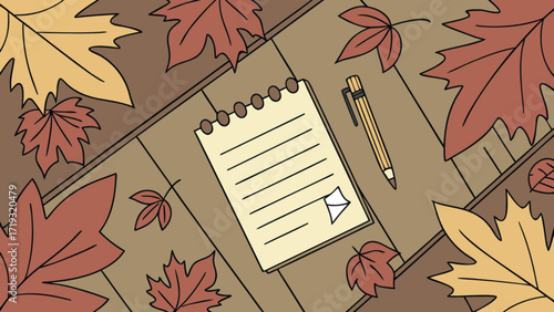 Autumn writing scene with notebook and pen surrounded by fall leaves on wooden table drawing