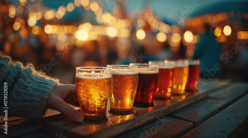 Oktoberfest Beer Culture and Craft Experience, artisanal beer flight of golden and amber ales served on rustic tasting tray, highlighting sensory brewing traditions and cozy social moments