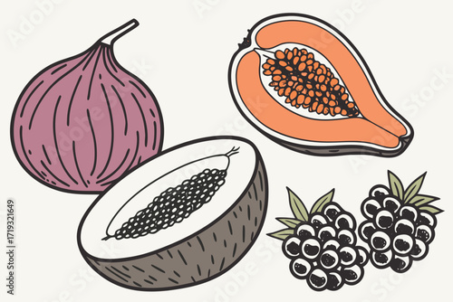 Vector icon collection of fresh and healthy fruits and vegetables including apples, oranges, and bananas on a white background