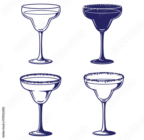 Hand-drawn illustration of various margarita glasses for cocktail menu design or party invitations