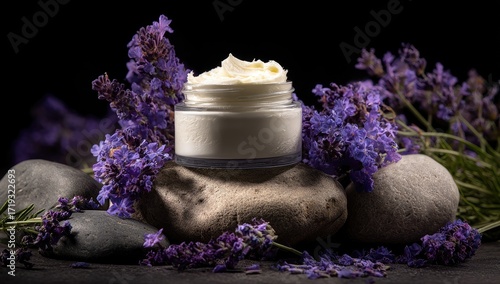 Lavender-infused cream jar nestled on smooth stones, surrounded by purple lavender sprigs against a dark background