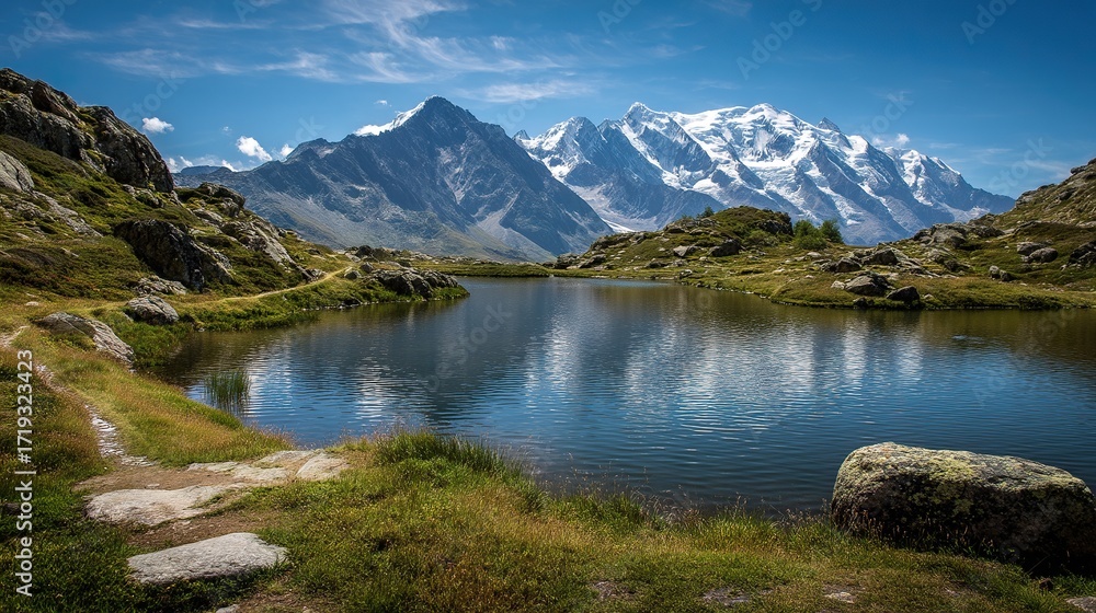 Naklejka premium The panoramic view from the peak of the snow-capped mountain showcases the contrast between the beauty of nature and human creation, capturing the grandeur and magnificence of nature.