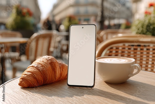 Sunny Morning Breakfast with Croissant, Latte, and Smartphone Mockup at Outdoor Cafe