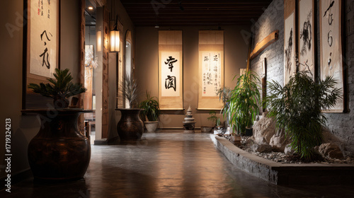 An elegant asian-inspired hallway with calligraphy scrolls and lush greenery, creating a tranquil and serene ambiance.